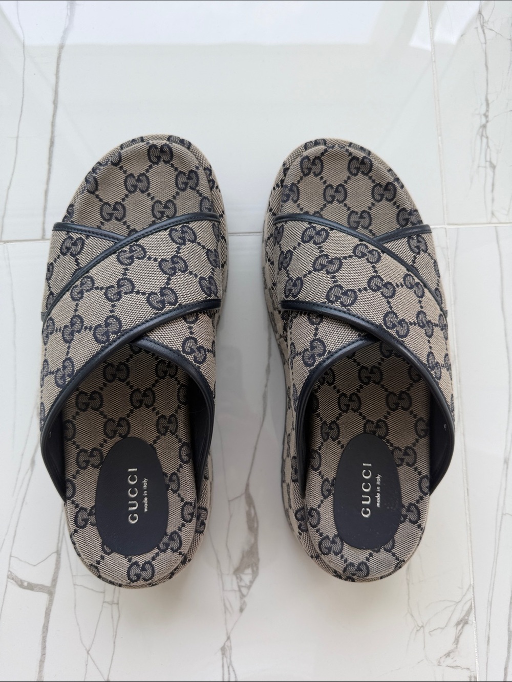 Gucci Beige & Navy GG Monogram Slide Sandals